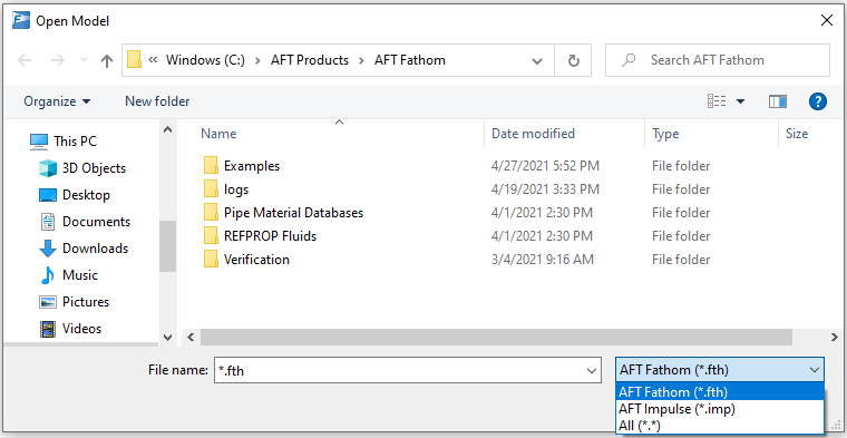 The Open Model window that shows the file extension options.